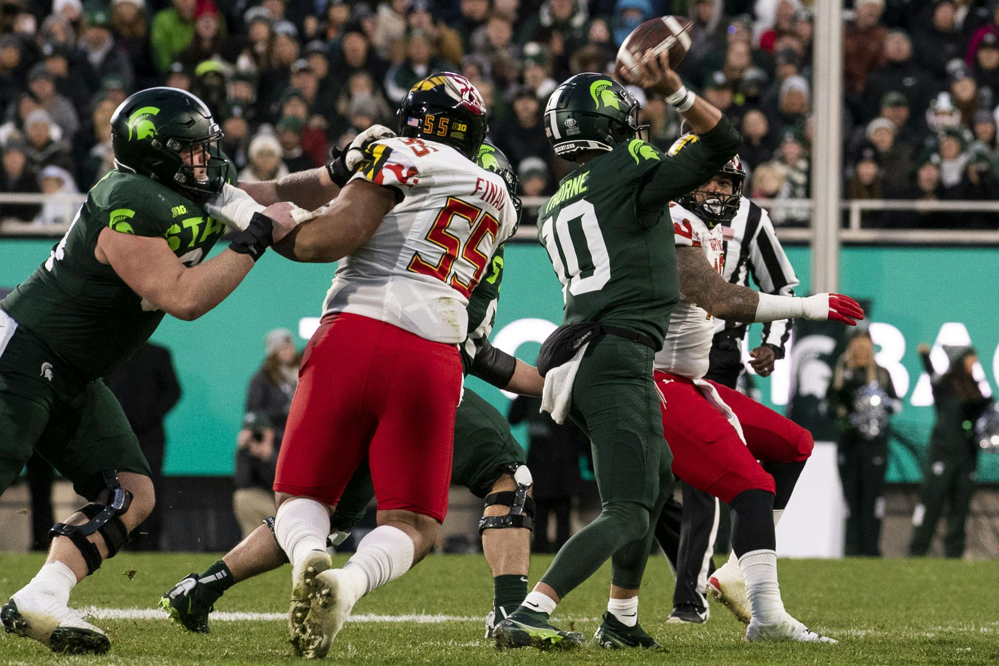 <p>Redshirt sophomore quarterback Payton Thorne (10) throws the ball during the game against Maryland on Nov. 13, 2021, at Spartan Stadium. The Spartans defeated Maryland 40-21.</p>