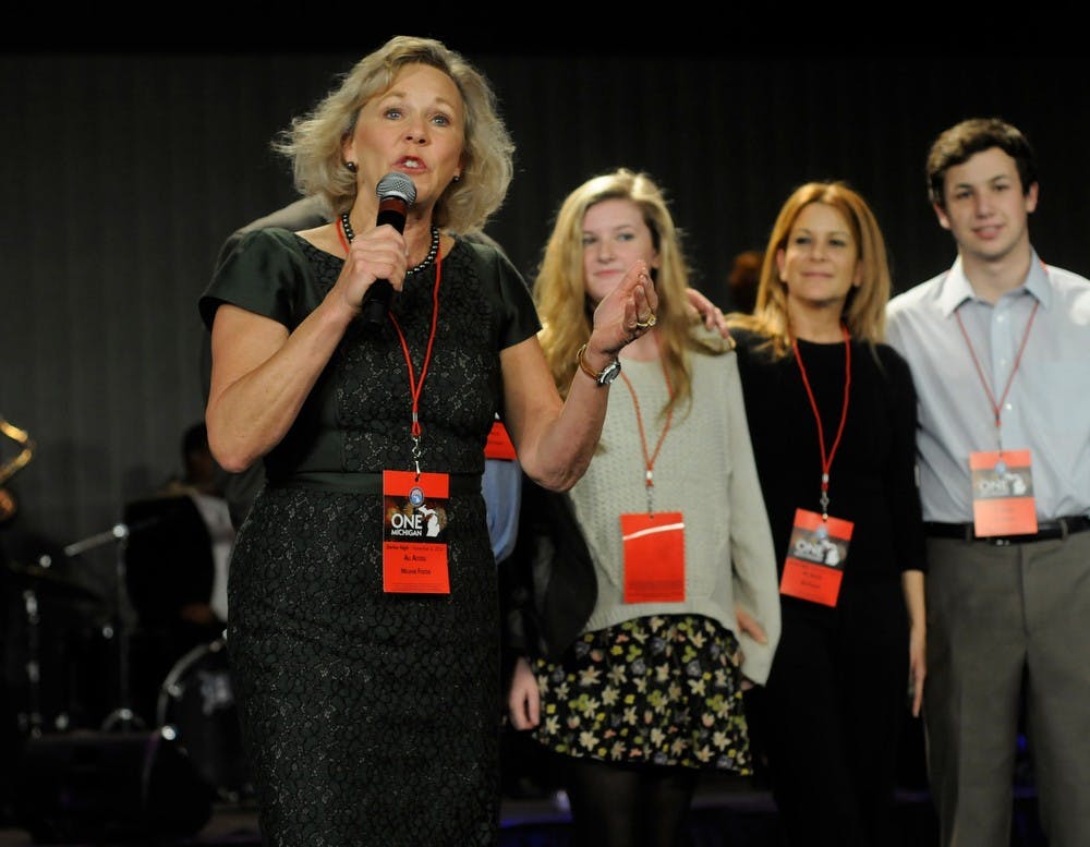 <p>MSU Trustee Melanie Foster addresses the attendees of the Republican election party Nov. 4, 2014, at the Detroit Marriott at the Renaissance Center in Detroit, Mich. Foster received a degree from MSU in ornamental horticulture. Jessalyn Tamez/The State News</p>