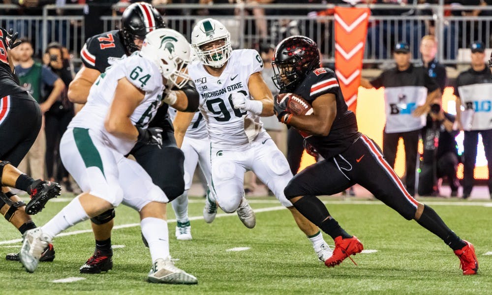 Ohio State running back J.K. Dobbins (2) runs the ball against Michigan State. The Buckeyes defeated the Spartans, 34-10, at Ohio Stadium on October 5, 2019. 