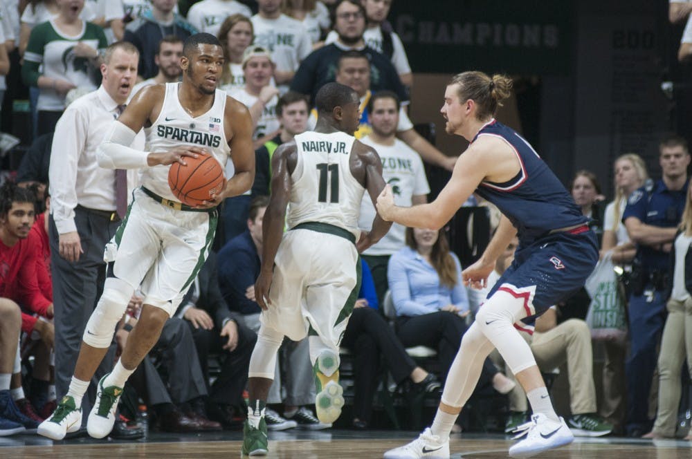 Senior guard Alvin Ellis III (5) receives a pass during the first half of the game against Saginaw Valley State University on Nov. 2, 2016 at The Breslin Center. 