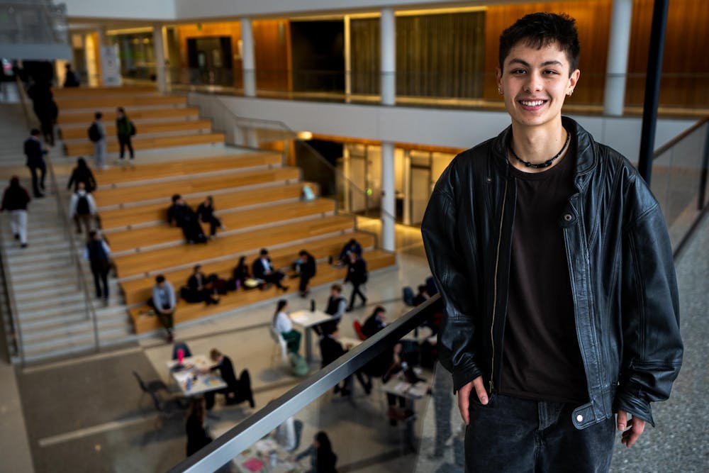 EJ Howe, a senior biology student at Michigan State University and founder of Spark, poses for a portrait at the Eli Broad College of Business on campus in East Lansing, Mich., on Friday, Feb. 20, 2026.