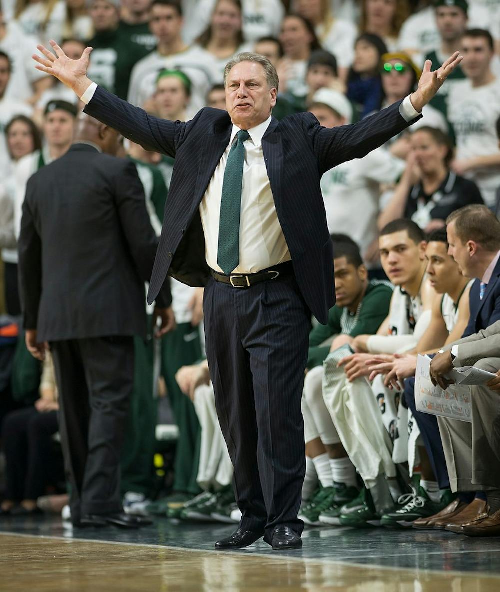 <p>Head coach Tom Izzo reacts to a call on Mar. 4, 2015, during the Michigan State basketball game against Purdue at Breslin Center, 534 Birch Rd. The Spartans defeated the Boilermakers, 72-66. Emily Nagle/The State News</p>