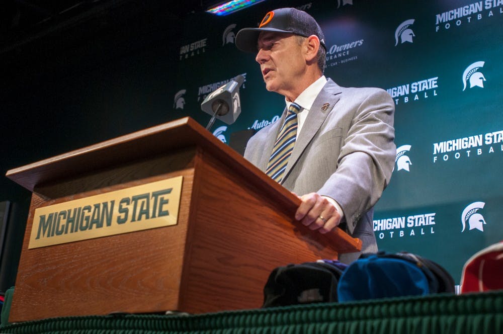 Head Coach Mark Dantonio gives a speech on Feb. 1, 2017 at Spartan Stadium. Dantonio gave a press conference about National Signing Day.