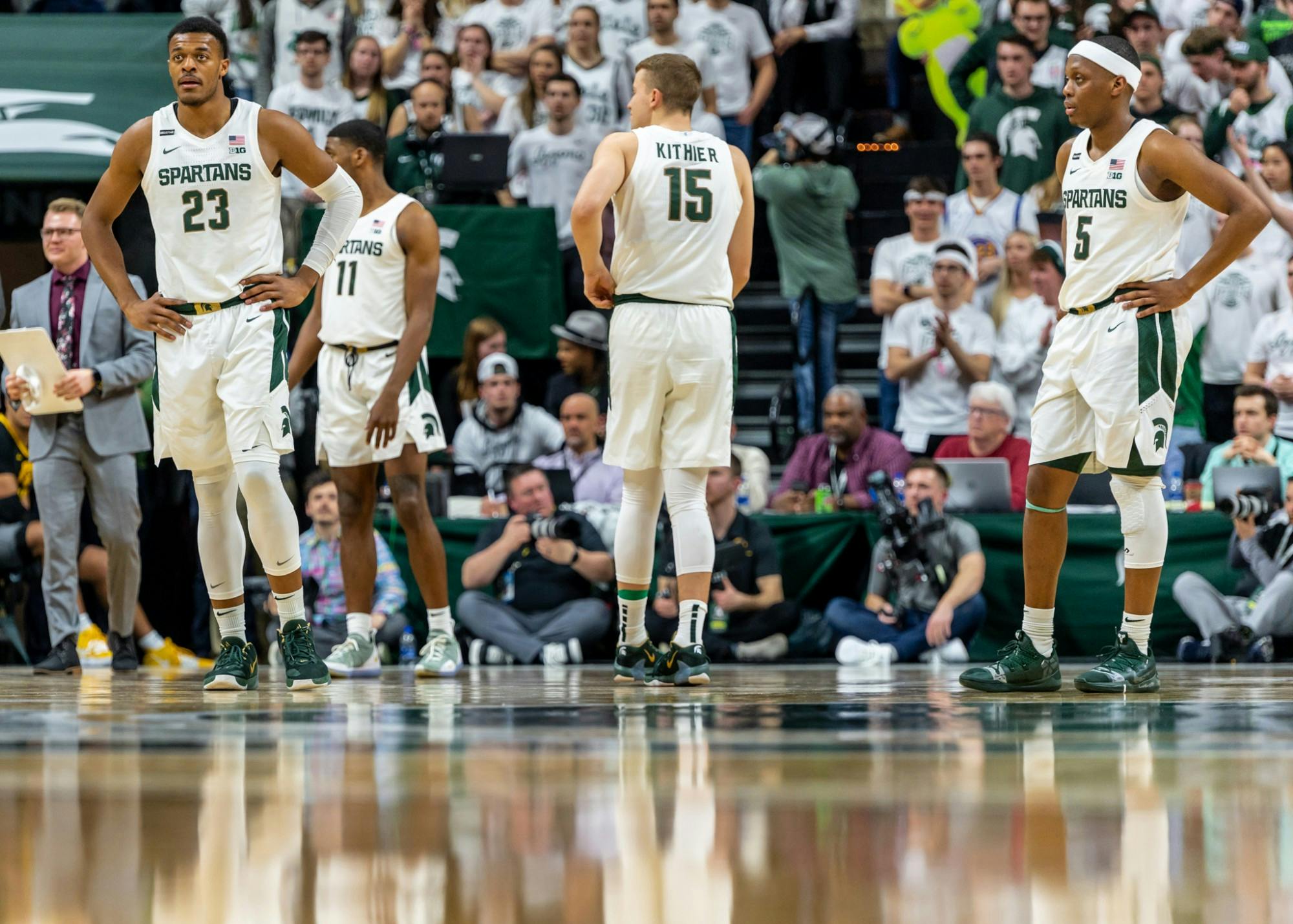 The Michigan State basketball team comes out onto the floor after a timeout during a game against Iowa. The Spartans defeated the Hawkeyes, 78-70, at the Breslin Student Events Center on February 25, 2020. 