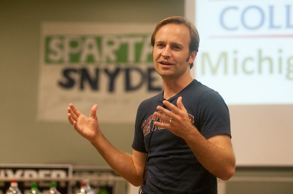 <p>Lt. Gov. Brian Calley talks to MSU College Republicans on Sept. 8, 2014, at Wonders Hall. This was MSU College Republicans' first meeting of the year. Jessalyn Tamez/The State News. </p>