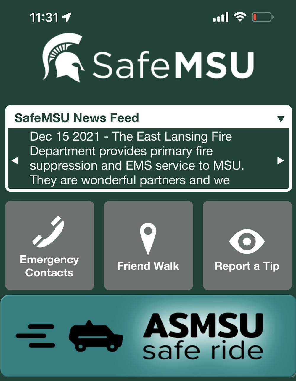 <p>The SafeMSU mobile application home screen as of Dec. 16, 2021. The app hopes to compile numerous campus safety resources into a one-stop spot.</p>