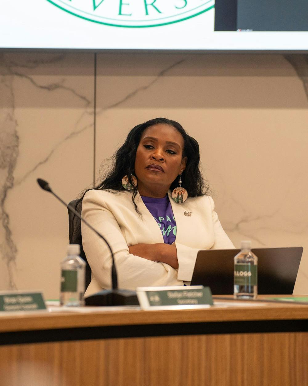 <p>MSU Trustee Rema Vassar sits with her arms crossed at the MSU Board of Trustees meeting in East Lansing, Mich., on Sept. 11, 2026.</p>
