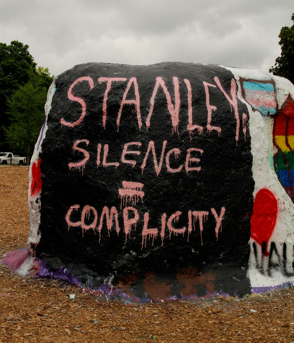<p>The Rock also contained a message directly pointed at Michigan State University President Samuel Stanley. Protectors of The Rock demanded alterations to the university&#x27;s harassment policies and a stronger effort to prevent hate speech on the campus monument. </p>