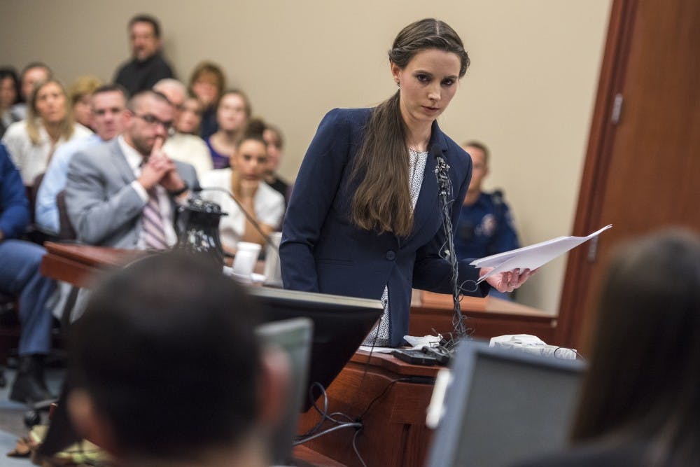 Rachael Denhollander addresses Ex-MSU and USA Gymnastics Dr. Larry Nassar during her statement on the seventh and final day of Nassar's sentencing on Jan. 24, 2018 at the Ingham County Circuit Court in Lansing. (Nic Antaya | The State News)