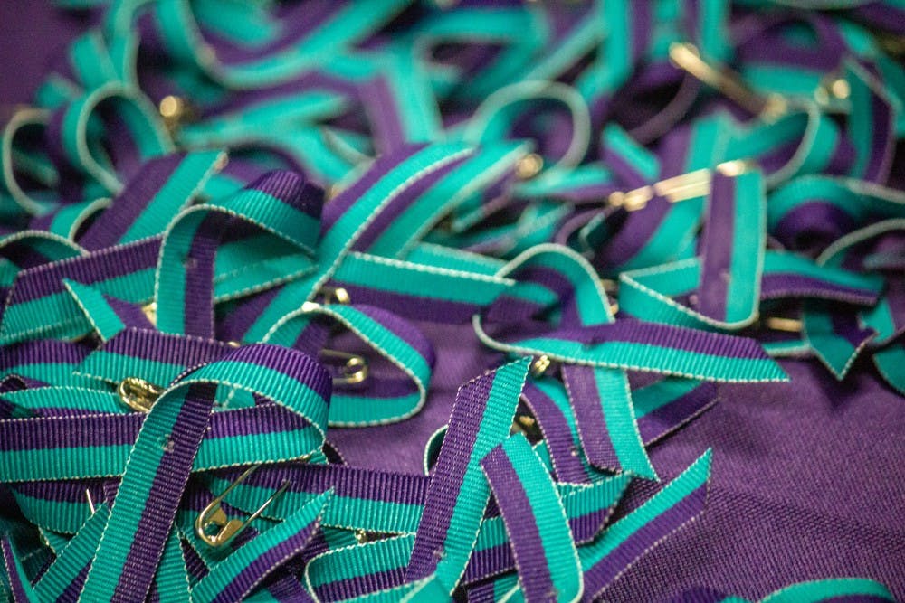 Support ribbons at the “Understanding the Trauma of Sexual Assault and Supporting Survivors" discussion on Oct. 29, 2018.