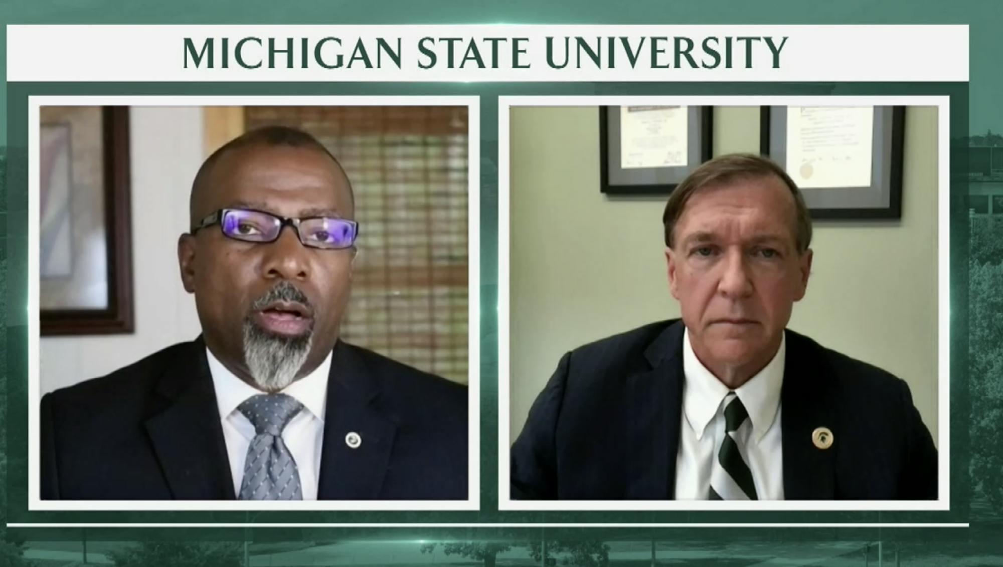 <p>President Stanley and MSU Professor of Strategic Communication Shawn Turner are pictured in a screenshot from a webcast that addressed faculty and staff concerns with MSU&#x27;s reopening plans. The webcast was held on July 7, 2020.</p>