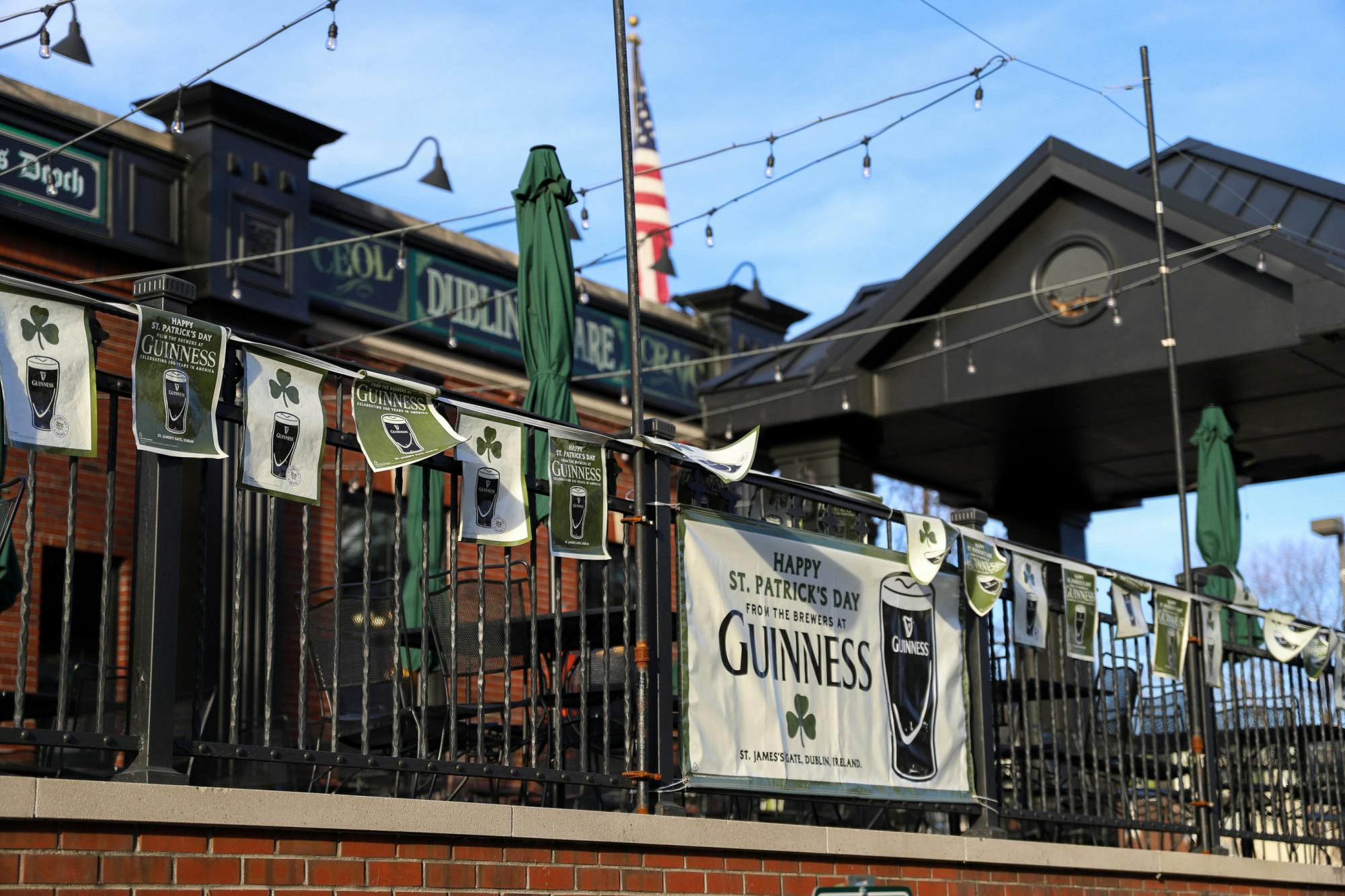 <p>Dublin Square Irish Pub &amp; Restaurant has St. Patrick&#x27;s Day decorations on the outside of the building. Shot on March 14, 2021.</p>
