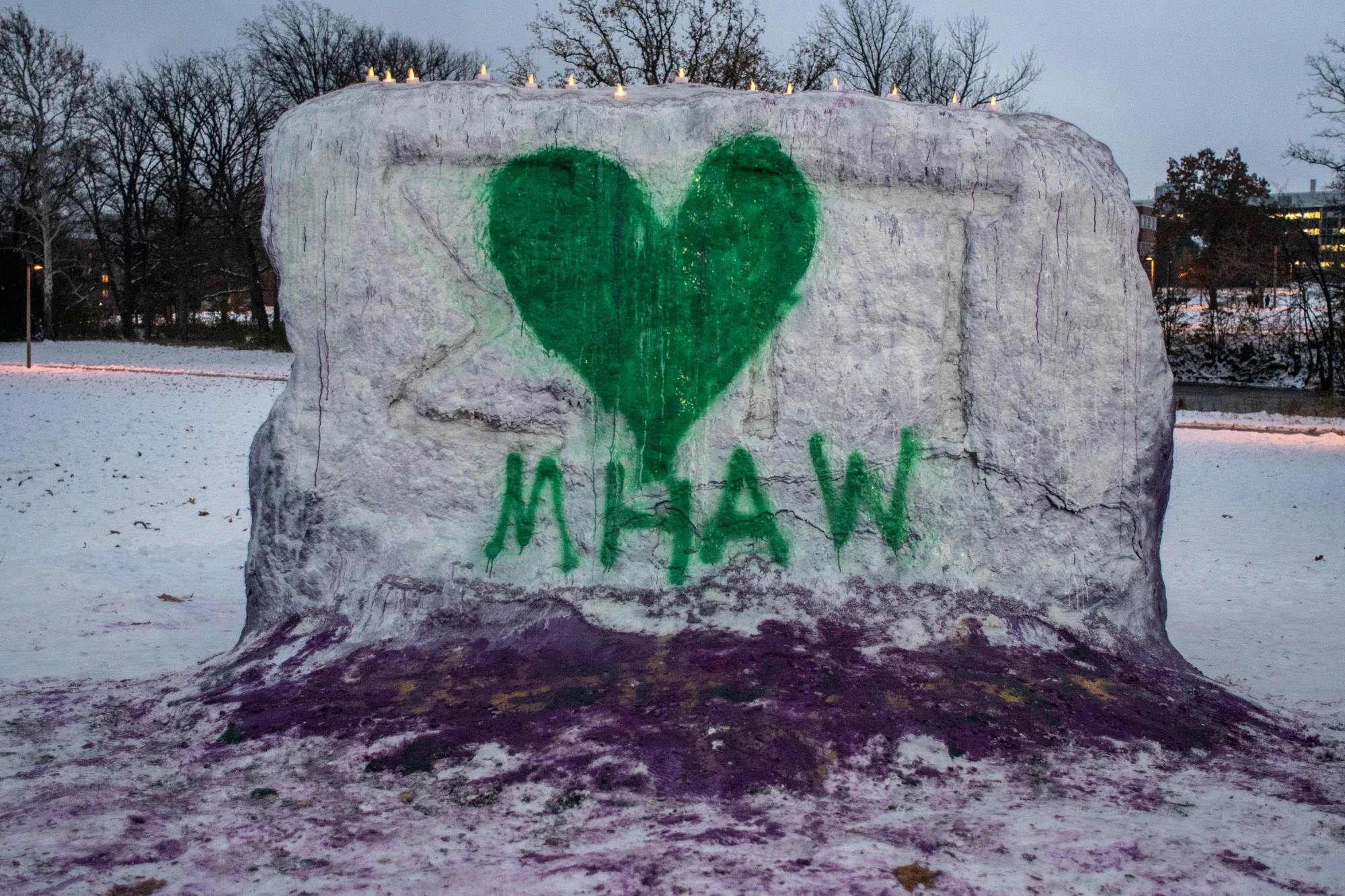 <p>The Rock on Farm Lane painted for a candlelight vigil for ASMSU’s Mental Health Awareness Week on Nov. 11, 2019.</p>