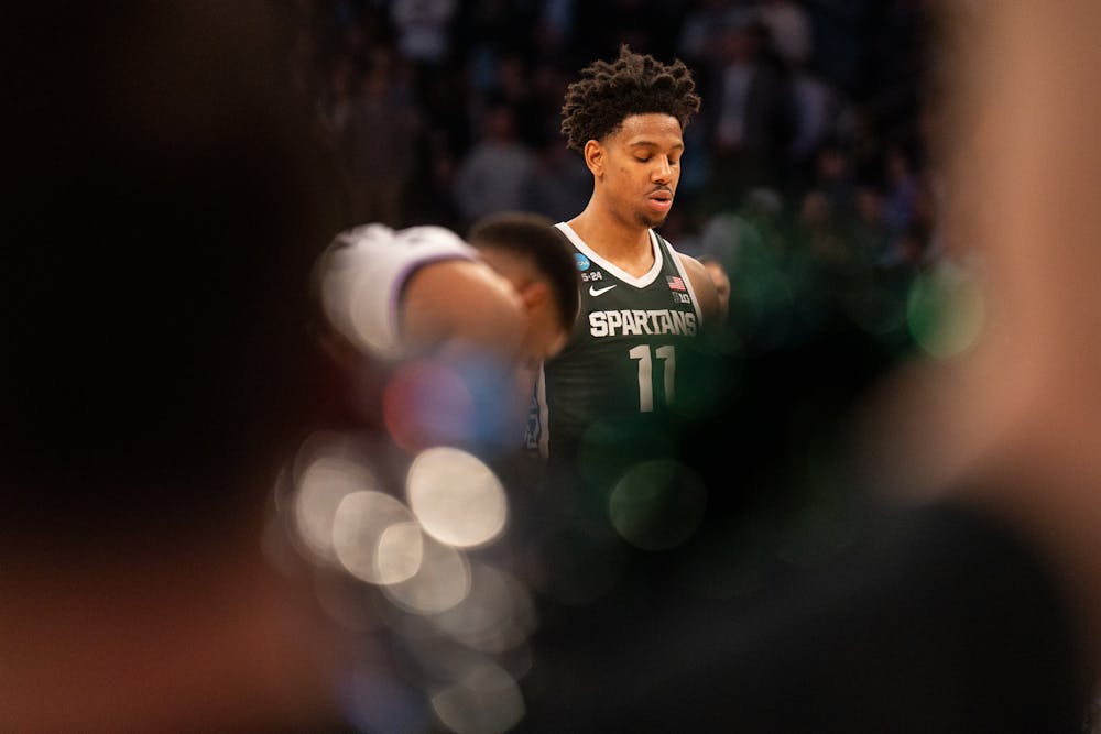 Junior guard AJ Hoggard prepares to shoots a free throw during the Spartans' Sweet Sixteen matchup with Kansas State at Madison Square Garden on Mar. 23, 2023. The Spartans lost to the Wildcats 98-93 in overtime.