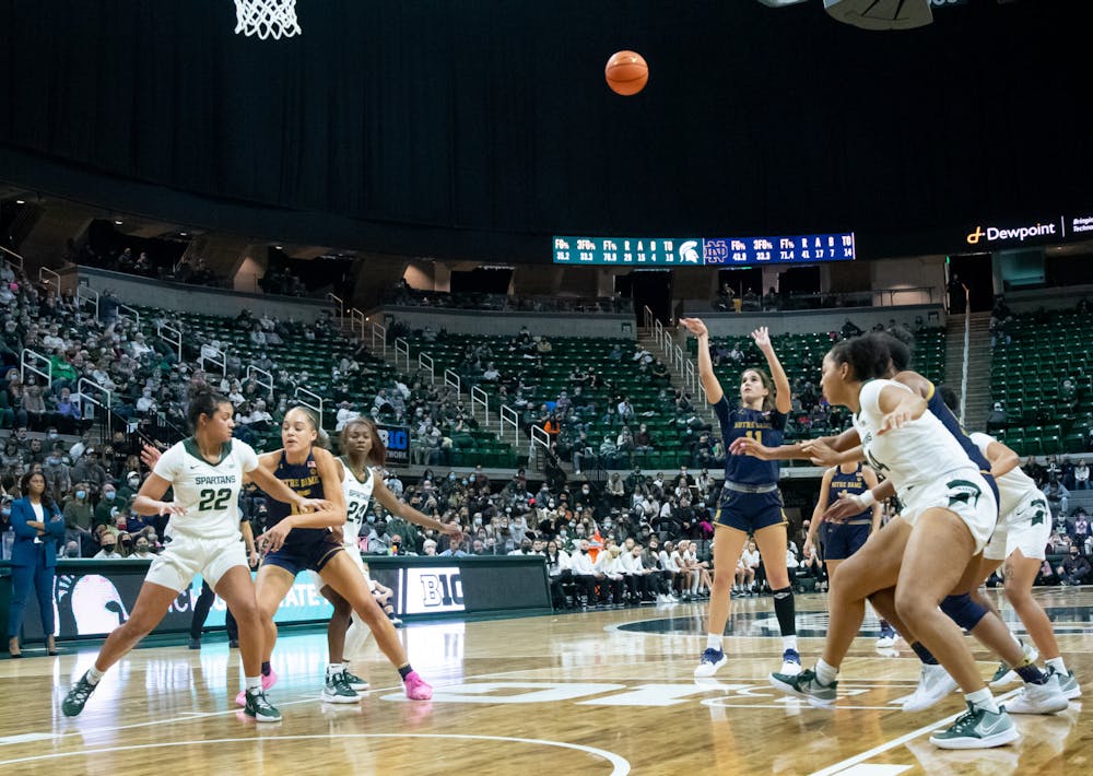 Notre Dame's Sonia Citron (11) shoots a free throw during Michigan State's loss on Dec. 2, 2021.