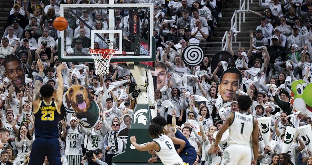 <p>Spartan fans make noise as UM graduate student forward Yaxel Lendeborg (23)&nbsp;throws a free throw at the Breslin Student Events Center on Jan. 30, 2026.</p>