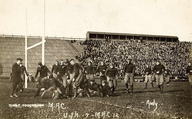 <p>The first touchdown in the M.A.C. vs. U-M game in 1913. The Aggies defeated the Wolverines for the first time, 12-7. Photo courtesy of MSU Archives.</p>