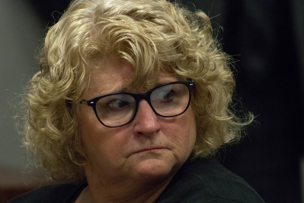 Ex-MSU gymnastics coach Kathie Klages during a preliminary hearing at 54-A District Court on Sept. 27, 2018. Klages is charged with two counts of lying to a peace officer.