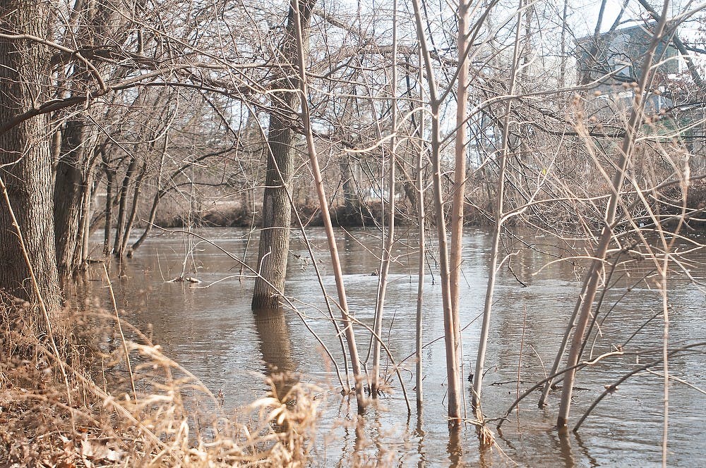 <p>The Red Cedar River overtakes the banks March 18, 2015. Warm temperatures have caused rapid melting and high water levels. The State News/Kennedy Thatch</p>