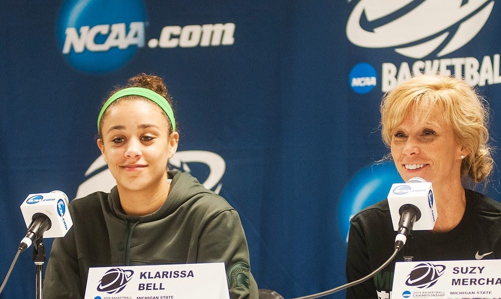 <p>Senior guard Klarissa Bell and Head Coach Suzy Merchant talk to reporters March 24, 2014, at a press conference at Carmichael Arena in Chapel Hill, N.C. Merchant and her players talked about their upcoming game against the North Carolina Tar Heels.  Erin Hampton/The State News</p>