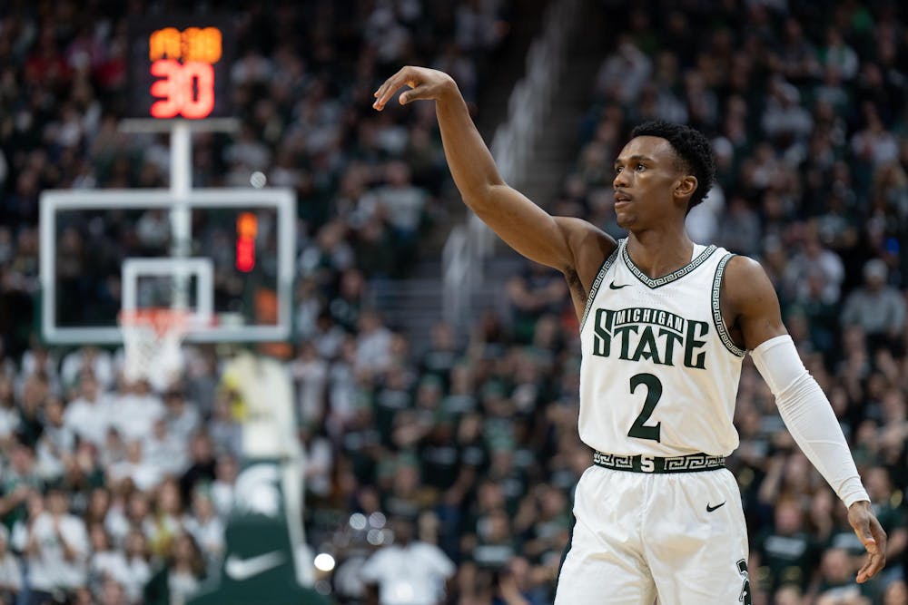 <p>Michigan State University graduate student guard No. 2 Tyson Walker reacts to scoring a three-point shot during a MSU vs Maryland men’s basketball game at the Breslin Center in East Lansing on Feb. 3, 2024. Both MSU and Maryland came into the game with a tied in-conference record and are looking to move up in the Big 10 standings.</p>