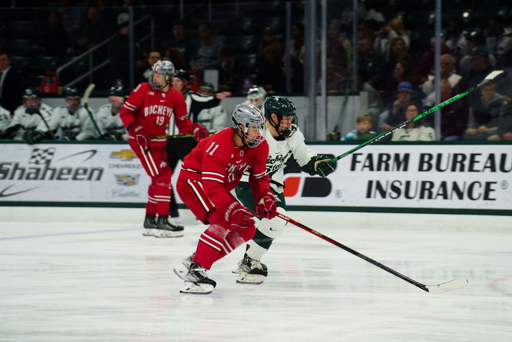 <p>Ohio State&#x27;s Kamil Sadlocha (11) during the second of a two game series with Michigan State, held at Munn Ice Arena on Nov 11, 2022. The Spartans defeated the Buckeyes 4-3.</p>