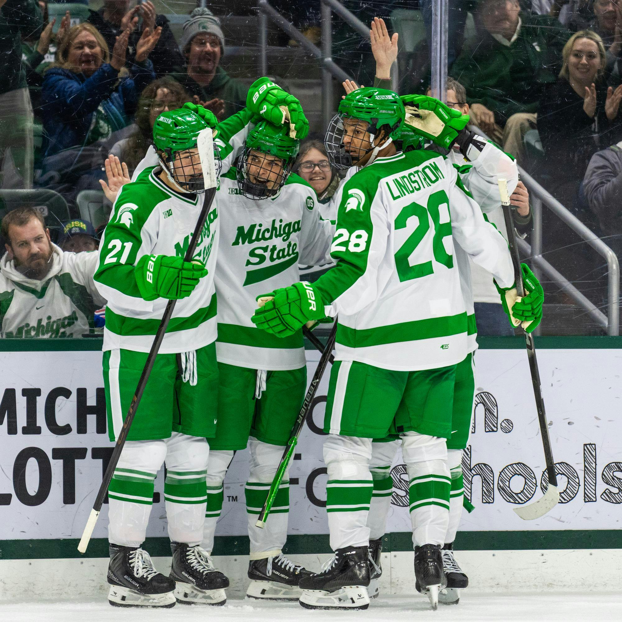 The MSU hockey team celebrates after a goal is scored Munn Ice Arena in East Lansing, MI on Feb. 19, 2026.