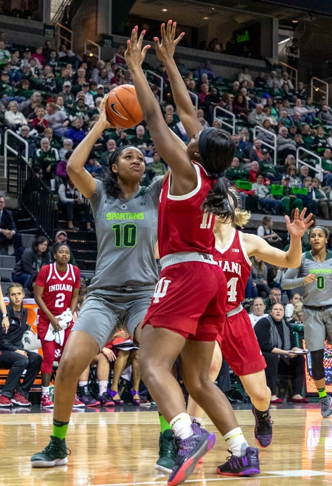 Freshman forward Sidney Cooks (10) takes a shot during the game against Indiana on Feb.11, 2019. The Spartans lead the Hoosiers 33-30 at halftime.