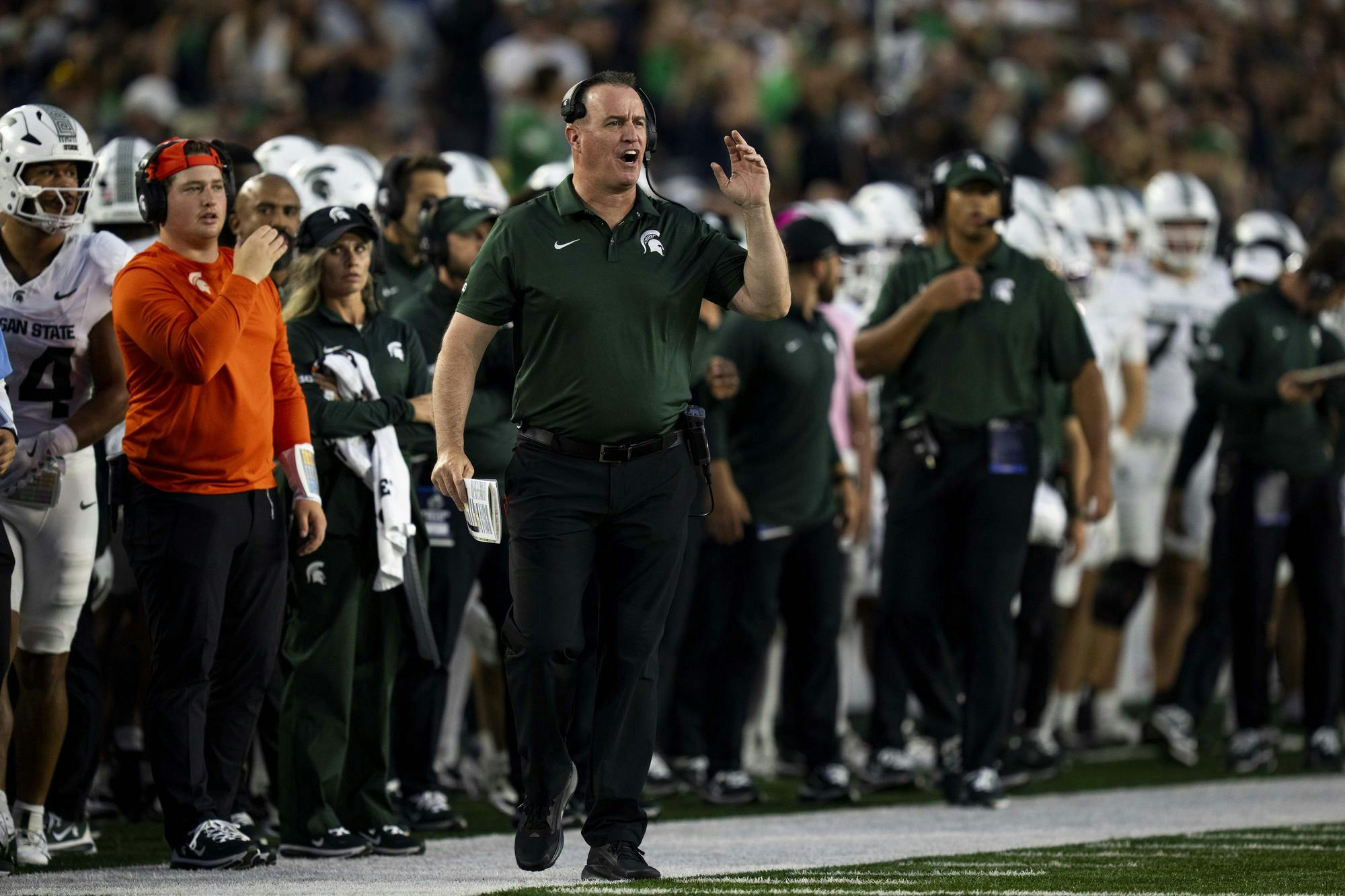 <p>Michigan State head coach Pat Fitzgerald yells from the sideline during a game at Notre Dame Stadium in South Bend, Indiana, on Sept. 19, 2026.</p>