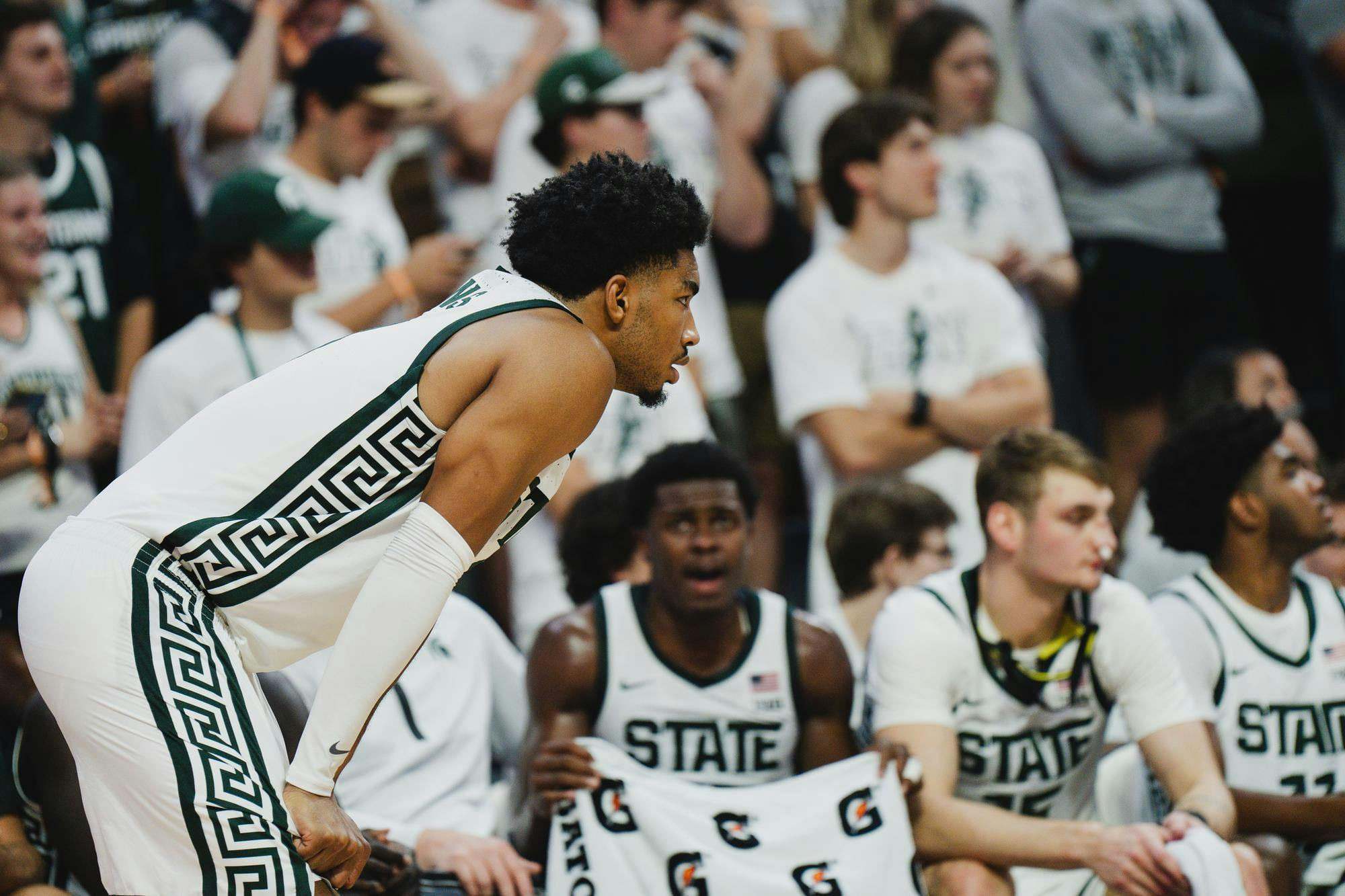 MSU senior guard Jaden Akins (3) prepares for an offensive stint during an exhibition matchup against Ferris State at the Breslin Center on Oct. 29, 2024.