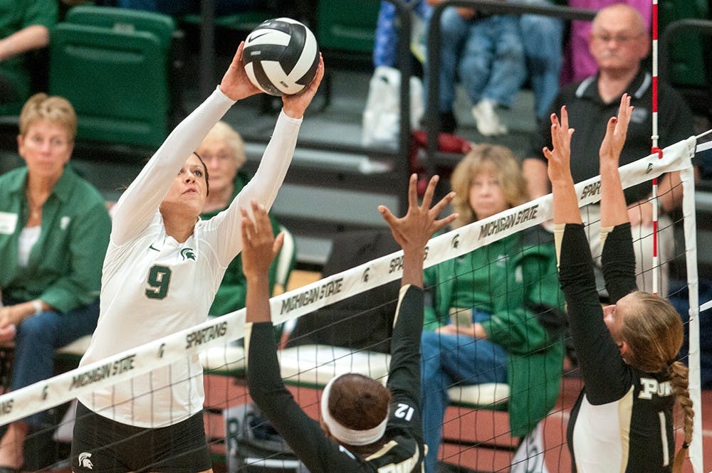 	<p>Sophomore outside hitter Taylor Galloway hits the ball during the game against Purdue on Friday, Sept. 21, 2012. The Spartans lost 3-2, which was their first loss of the season. Julia Nagy/The State News</p>