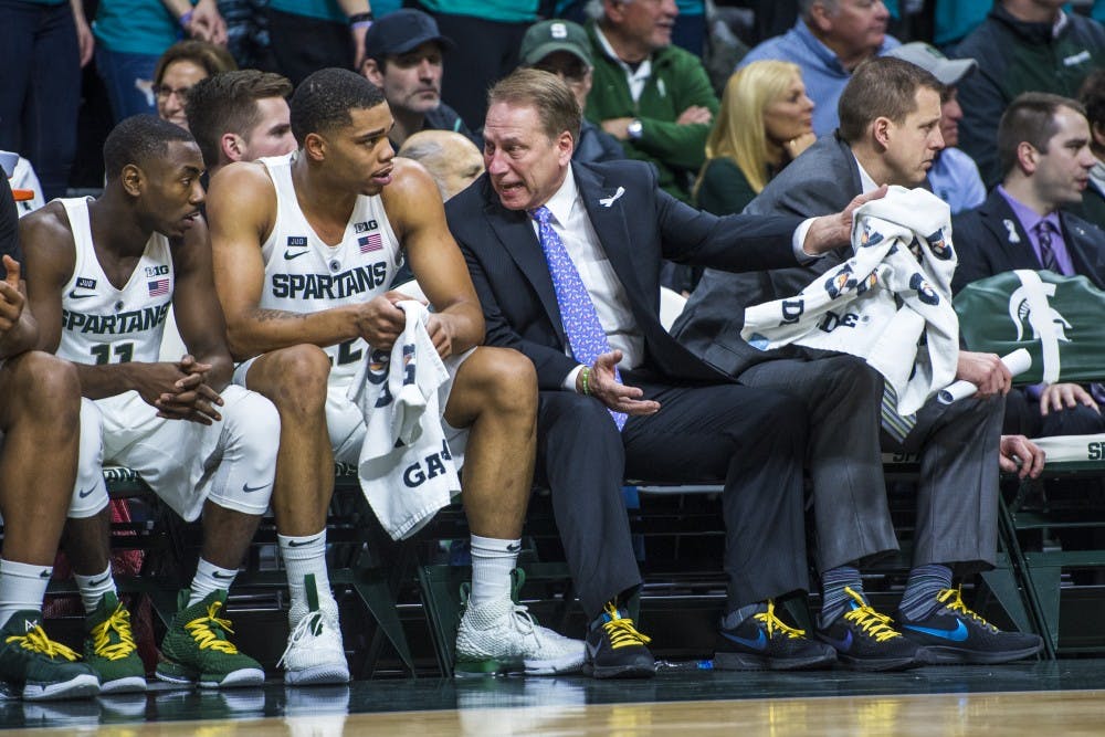 Michigan State’s head coach Tom Izzo interacts with sophomore guard Miles Bridges (22) during the second half of the men's basketball game against Wisconsin on Jan. 26, 2018 at Breslin Center. The Spartans defeated the Badgers, 76-61. (Nic Antaya | The State News)