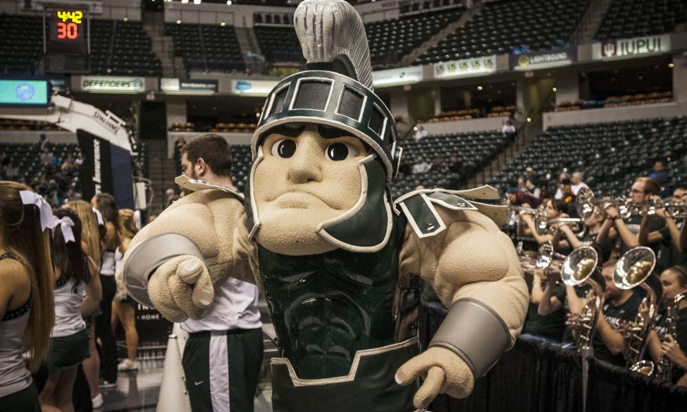 Michigan State's mascot Sparty dances during the game against Wisconsin in the second round of the women's Big Ten Tournament on March 3, 2017 at Bankers Life Fieldhouse in Indianapolis. The Spartans defeated the Badgers, 70-63.