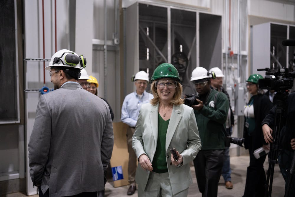 <p>Interim-President Teresa Woodruff in MSU's Simon Power Plant at a media event on March 20th, 2023.</p>