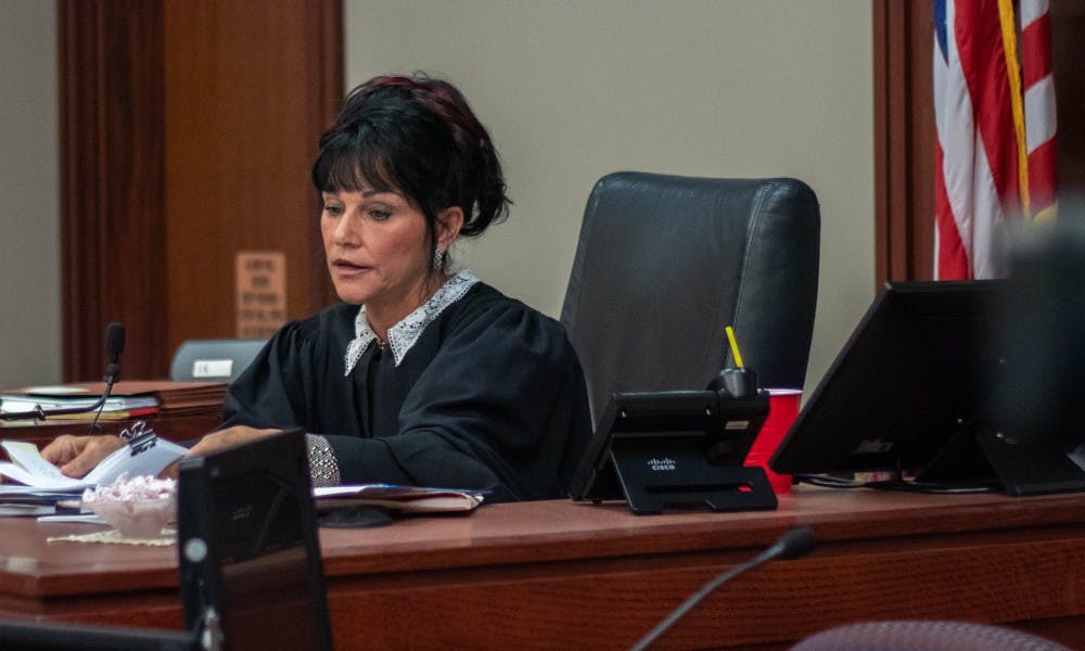 Judge Rosemarie Aquilina adjourns court on Aug. 27, 2018, at Ingham County Circuit Court. Nassar’s attorneys wanted Aquilina removed because they believed she expressed bias during the trial.