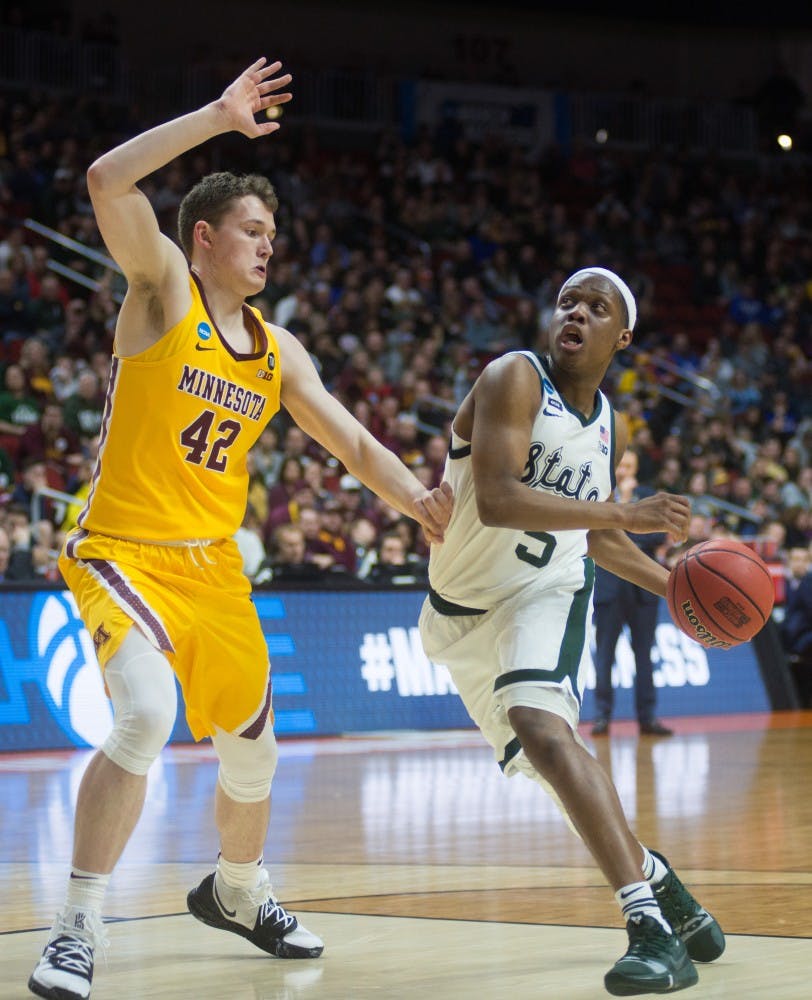 Junior guard Cassius Winston (5) goes to shoot the ball during the second round game of the NCAA tournament against Minnesota at Wells Fargo Arena March 23, 2019. The Spartans defeated the Gophers, 70-50.