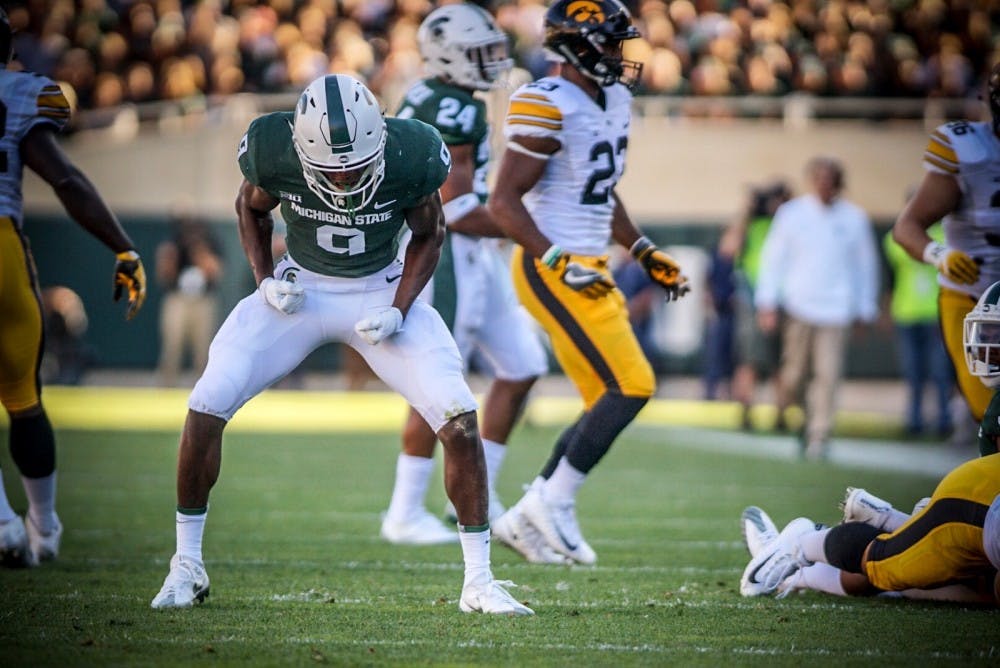 <p>Freshman safety Dominique Long (9) celebrates after a play during the game against Iowa on Sept. 30, 2017, at Spartan Stadium. The Spartans defeated the Hawkeyes, 17-10.</p>