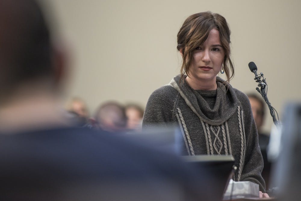 <p>Bailey Lorencen addresses Ex-MSU and USA Gymnastics Dr. Larry Nassar during her statement on the fifth day of Nassar's sentencing on Jan. 22, 2018 at the Ingham County Circuit Court in Lansing.&nbsp;</p>