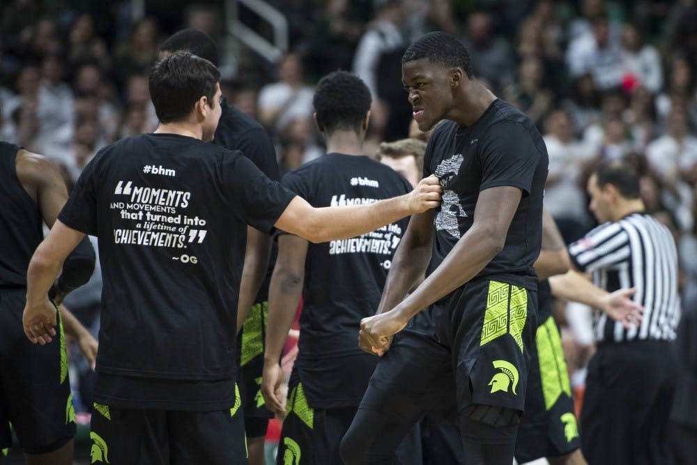 <p>Freshman forward Gabe Brown (13) celebrates during the men&#x27;s basketball game against Ohio State at Breslin Center  Feb. 17, 2019. The Spartans defeated the Buckeyes, 62-44. Nic Antaya/The State News</p>
