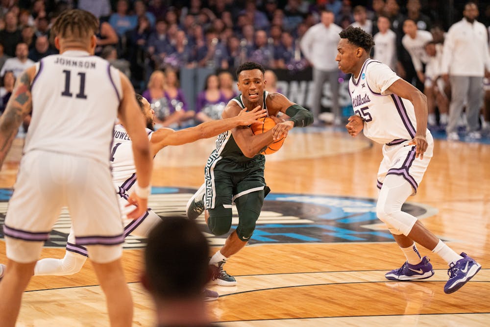 Senior guard Tyson Walker protects the ball during the Spartans' Sweet Sixteen matchup with Kansas State at Madison Square Garden on Mar. 23, 2023. The Spartans lost to the Wildcats 98-93 in overtime.