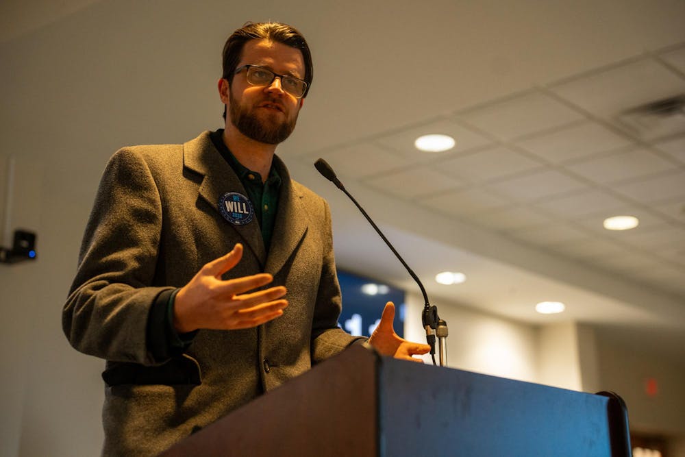 <p>Congressional candidate Will Lawrence speaks during a City Council meeting at the Hannah Community Center in East Lansing, Michigan, on March 17, 2025.</p>