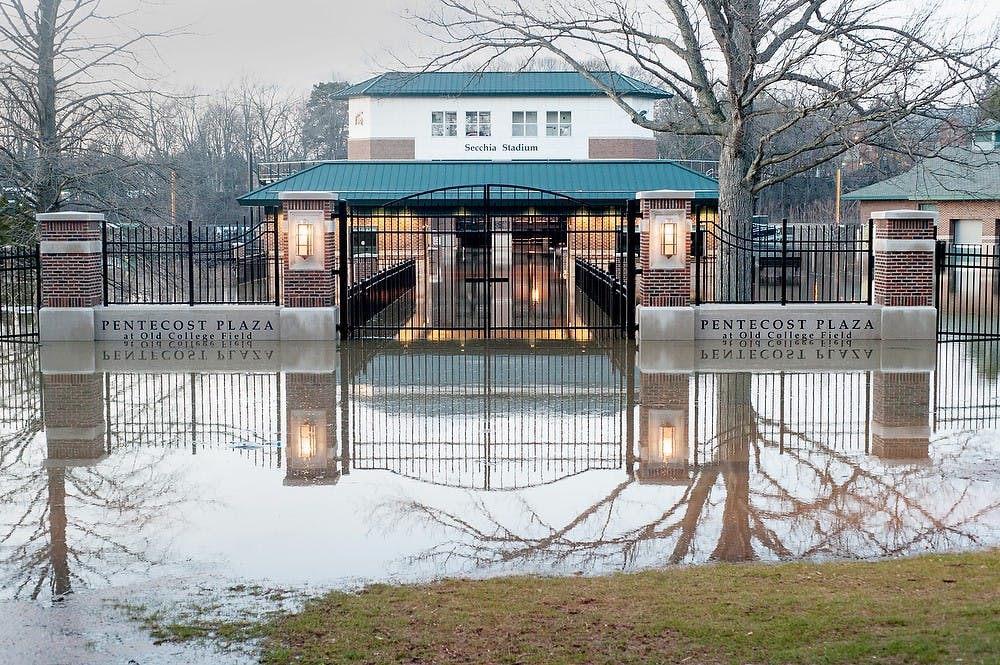 	<p>Pentecost Plaza and parts of the Old College Field, including DeMartin Stadium, Secchia Stadium and McLane Stadium, were under water April 20, 2013. The water level of the Red Cedar River raised above 7 feet, flooding part of the bank from the Main Library to Kellogg Center.</p>