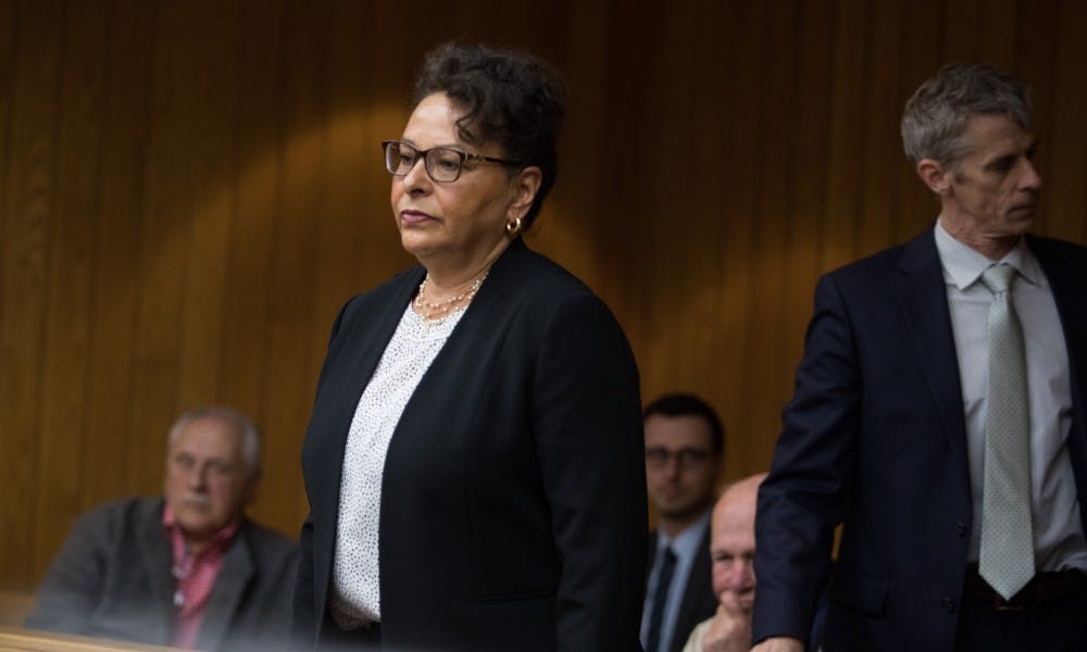Senior Advisor to the President for Diversity and Director Paulette Granberry Russell enters the courtroom at a preliminary hearing at Eaton County District Court April 16, 2019. Simon is charged with four counts of lying to a peace officer, including two felonies.