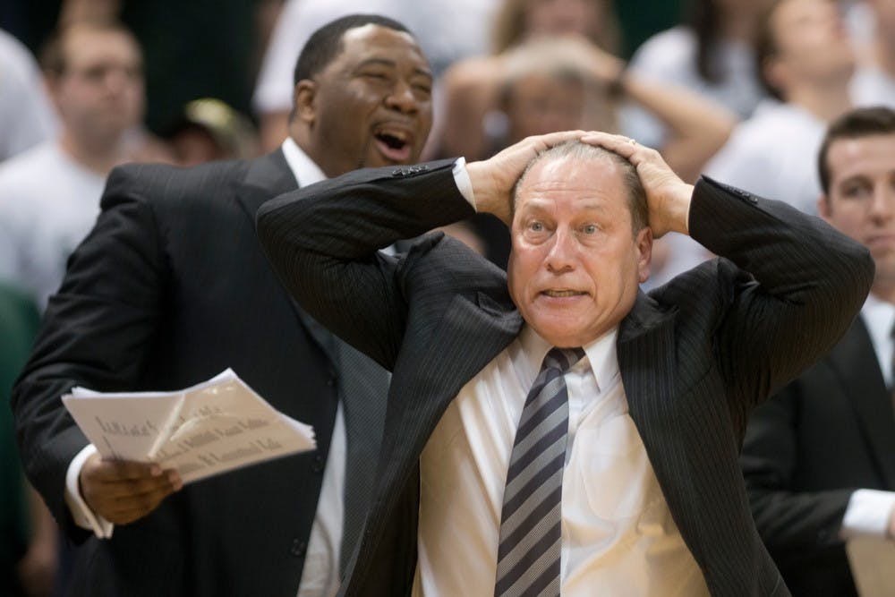	<p>Head coach Tom Izzo looks to the referee in frustration after a Spartan foul is called towards the end of the game against Nebraska on Feb. 16, 2014, at Breslin Center. The Spartans lost to the Cornhuskers, 60-51. Julia Nagy/The State News</p>