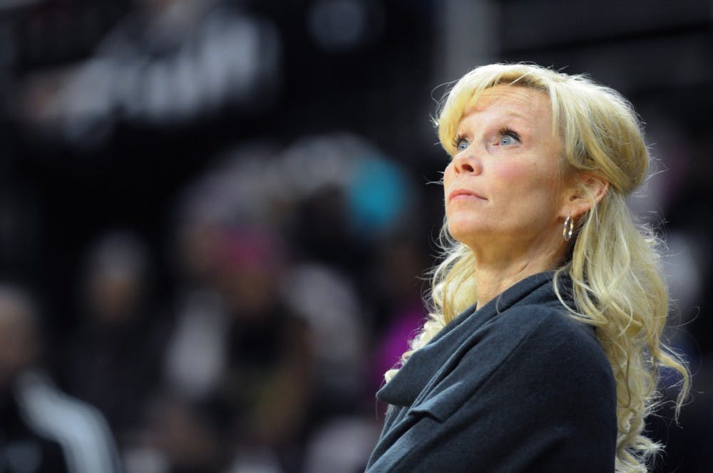 Head coach Suzy Merchant reacts to a play  during the game against Penn State on Feb. 11, 2016 at Breslin Center. The Spartans defeated the Nittany Lion, 65-61.