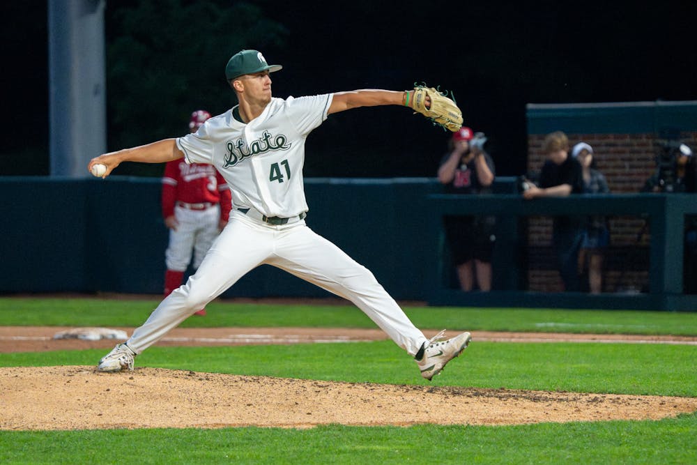 Sophomore right-handed pitcher Nolan Higgins (41) throwing his first pitch during a game against University of Nebraska at McLane Stadium on May 16, 2024. Higgins came on for the Spartans in the seventh inning and gave up no runs despite their loss to the Corn Huskers. 