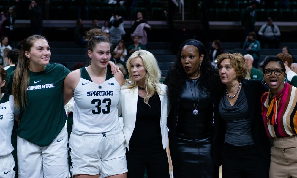 <p>Michigan State celebrates after the game against Maryland at the Breslin Center on Jan. 17, 2019. The Spartans defeated the Terrapins, 77-60.</p>