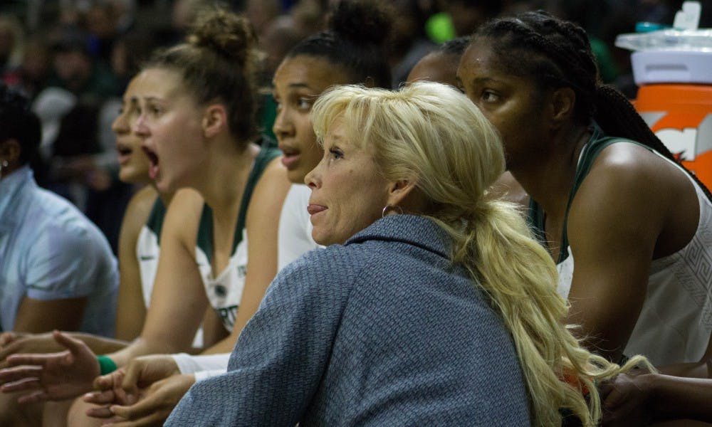 Coach Suzy Merchant watches the game against Lake Superior State on Nov. 5, 2017 at Breslin Center. The Spartans defeated the Lakers 111-37.