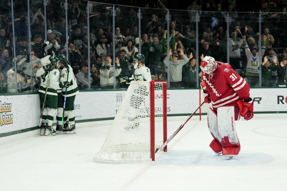 <p>The Michigan State Spartans celebrate a goal scored by Tanner Kelly (26) against the Wisconsin Badgers at Munn Ice Arena on Nov. 17, 2023.</p>