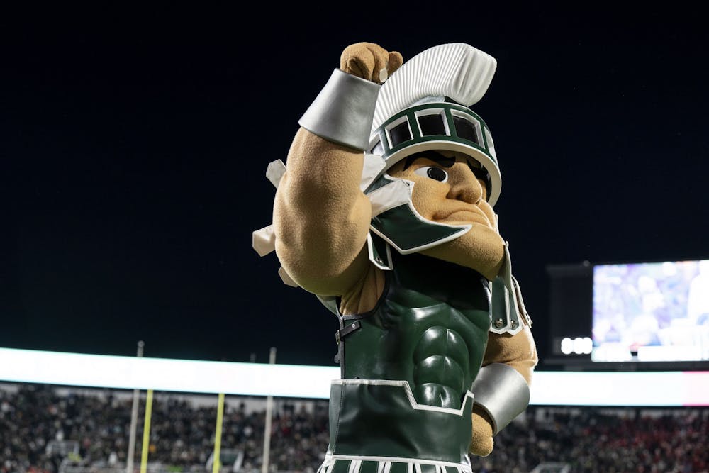 Sparty pumps up the crowd during the game against Wisconsin on October 15, 2022. The Spartans beat the Badgers 34 to 28.
